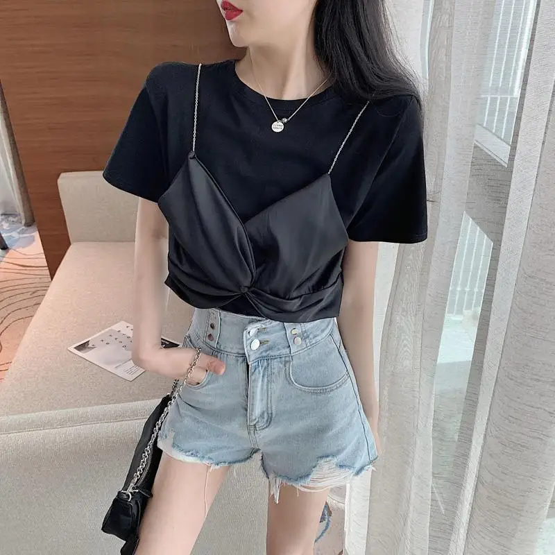 Summer T Shirt Women Korean Style Tshirt Fashion Fake Two-Piece Lace Tops Casual Summer One Size Kawaii T Shirts Women 2020