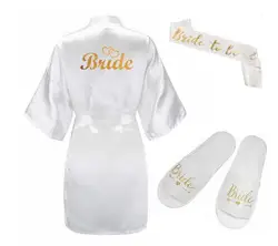 Conjunto de Bata corta de satén para novia, zapatillas de banda nupcial, kimono de fiesta, color dorado brillante, 3 unidades, 2019