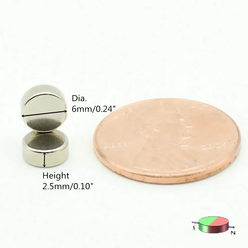 Diametrically NdFeB Magnet N42 Disc Diameter 6X2mm 6x2.5 mm N35H Neodymium Permanent Magnets Button 50pcs