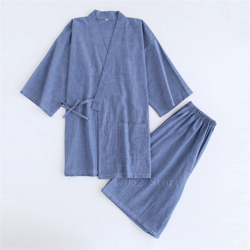 Japanese Kimono Cotton Pajamas Men Samurai Costume Bathrobe Haori Yukata Jinbei Set Sleepwear Short Sleeve Woman Japan Clothes