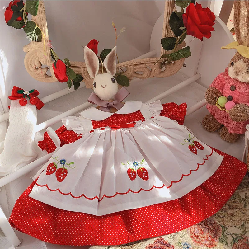 Baby Girls Summer Vintage Red Strawberry Princess Dress Casual Dress for Baby Girls 100% Cotton