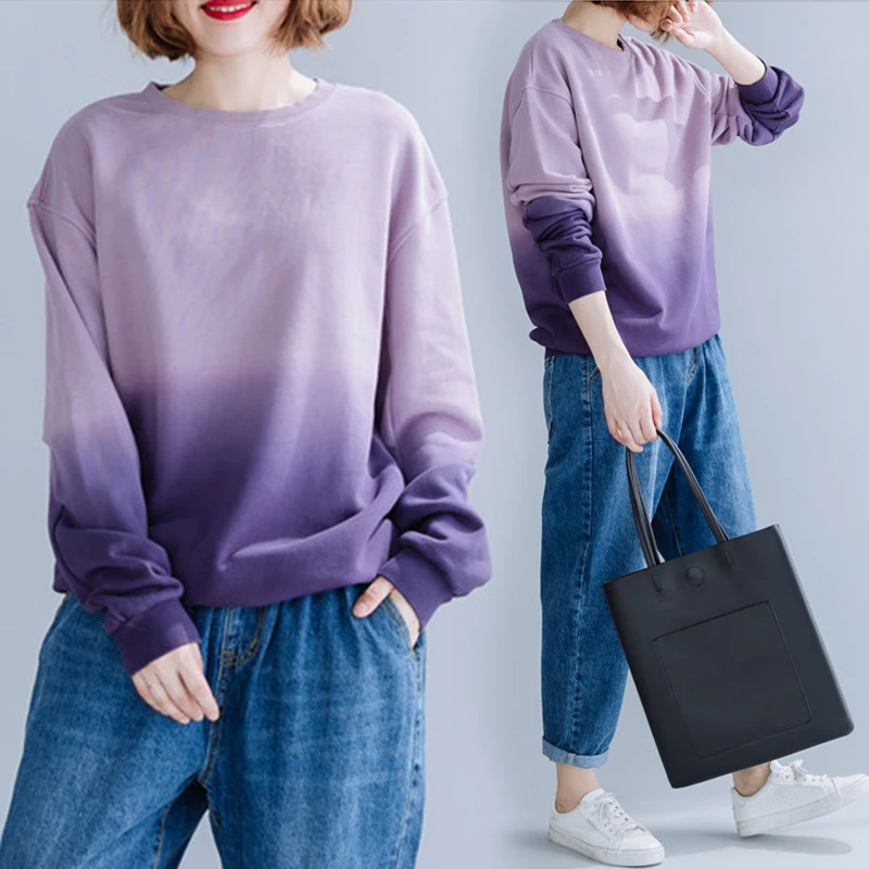 

New Purple Gradient Sweatshirt Women Autumn Winter Thicken Warm O-Neck Office Lady Casual Vintage Versatile Female Pullover Tide