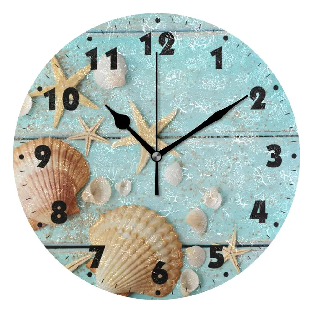 

Marine Seashells Round Wall Clock Quiet Battery Operated Living Room Wall Watch Silent Non Ticking Desk Starfish Wall Clocks Art