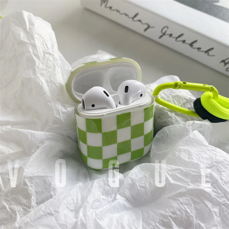 Elegante custodia per auricolari a scacchiera bianca verde per Airpods1 2 custodia protettiva per cuffie con cordino verde fluorescente per Airpods