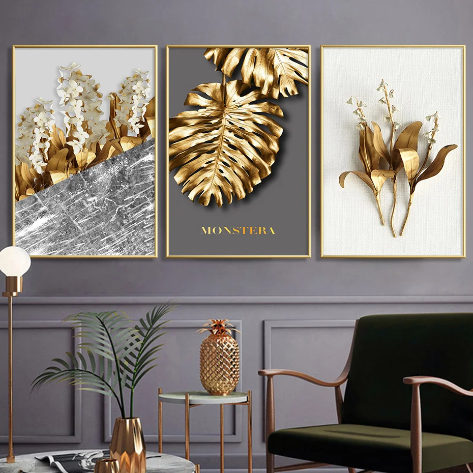 

Modern Abstract Gold Floral Leaves Posters Canvas Painting Wall Art Prints Pictures for Living Room Interior Home Decoration