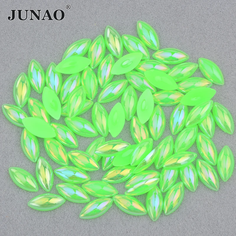 JUNAO 5*10mm 7*15mm Neon Green AB Flatback Pearl Rhinestone Horse Eye Strass Crystal Half Pearl Stickers for Jewelry DIY Crafts