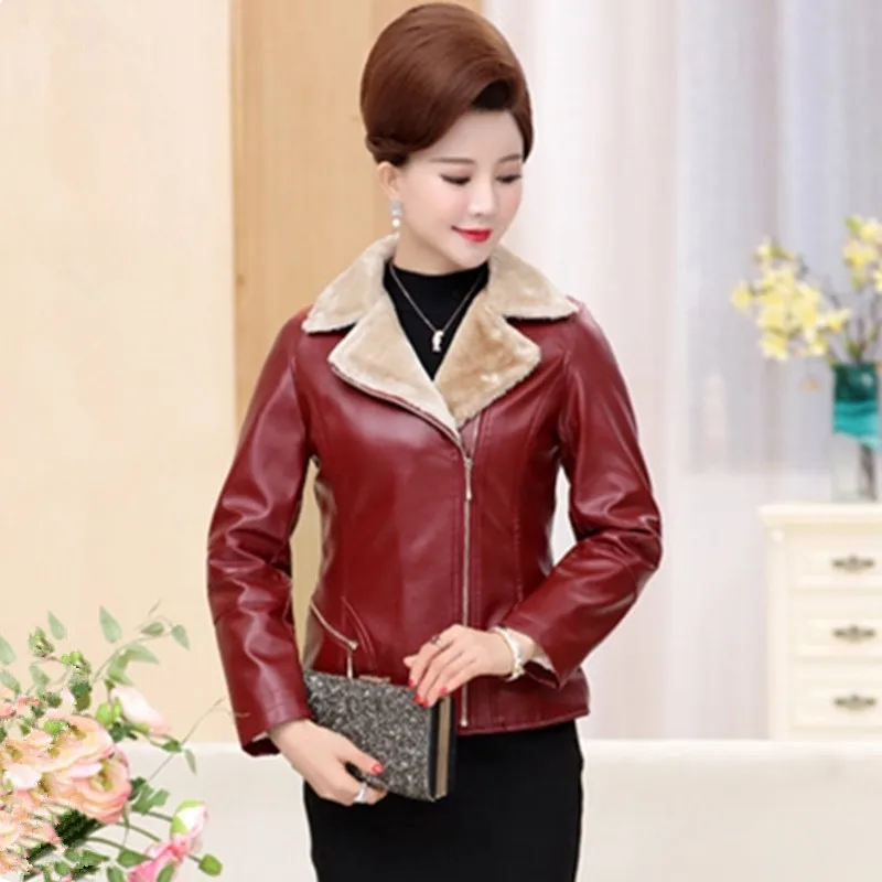 UHYTGF Short leather jacket women red black quality PU Washed leather autumn winter leather coat fleece big size tops 1338