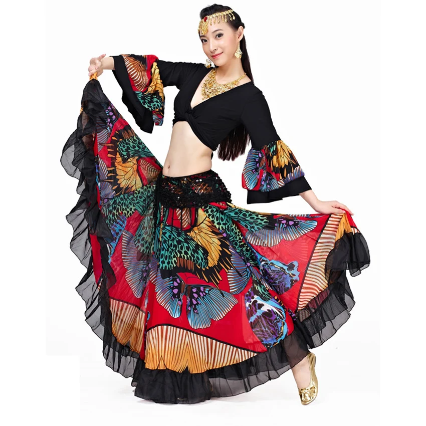 Mulheres Renda Saia de Dança do Ventre, Trajes de Dança, Luxo Estampa Borboleta, Saia Cigana Boêmia, Flamenco Espanhol Feminino, 720 Graus