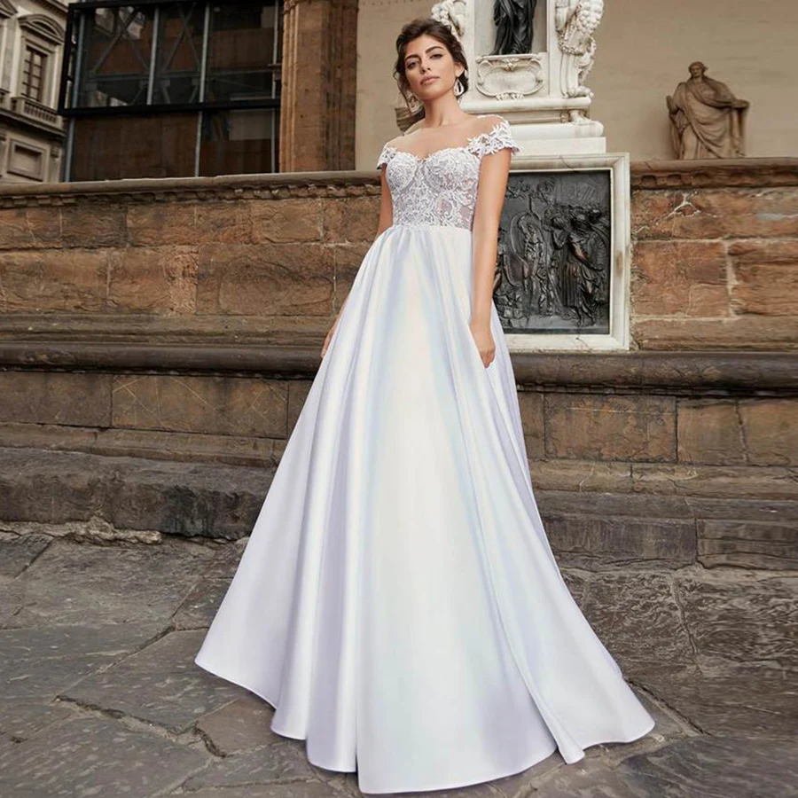 

Charming Short Sleeves Wedding Dress Sheer O Neck Applique Satin Wedding Gown Vestido De Novia Customized A Line Bridal Dress