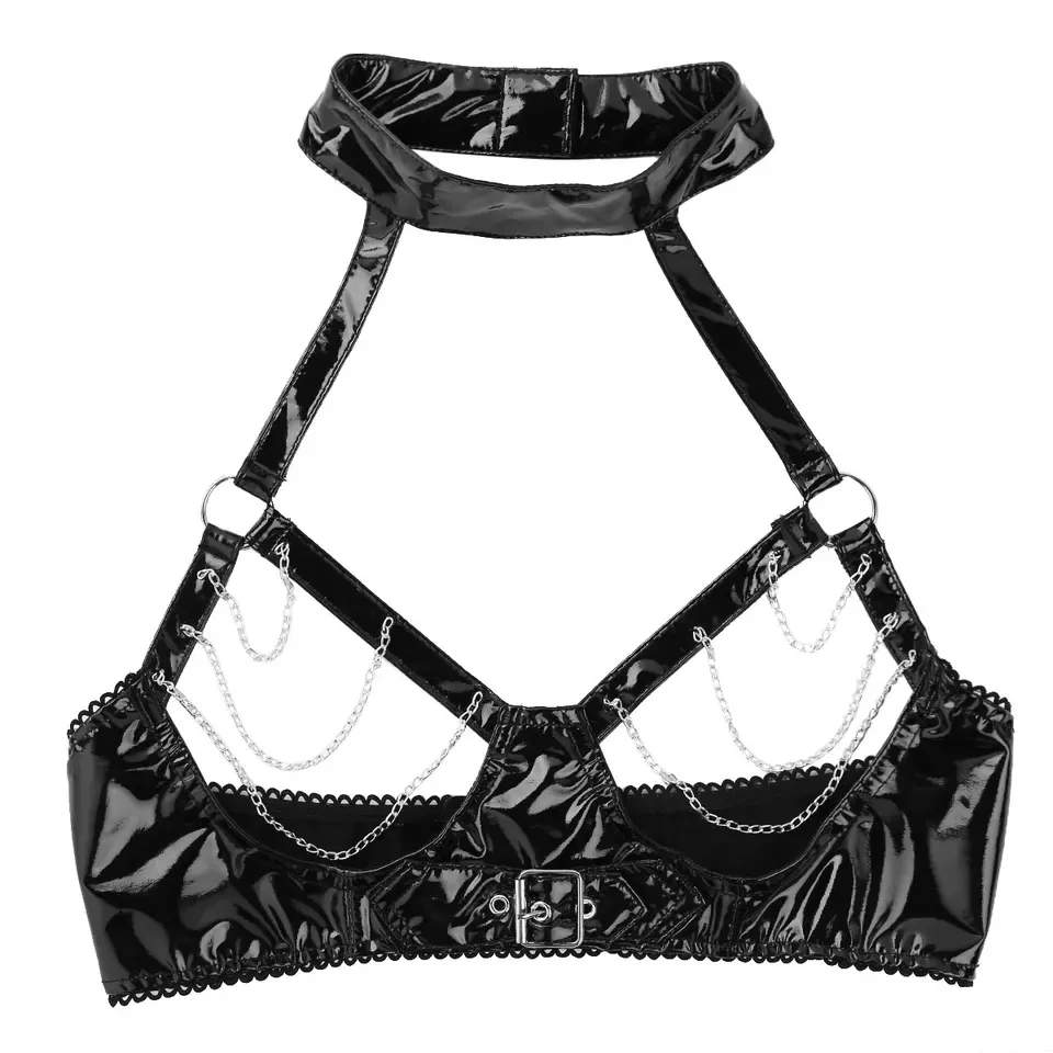 Women Sexy Shiny Leather Bra Hollow Out Erotic Porn Breast Exposing Glossy Wetlook Latex Tops Adjustable Halter Neck With Chain