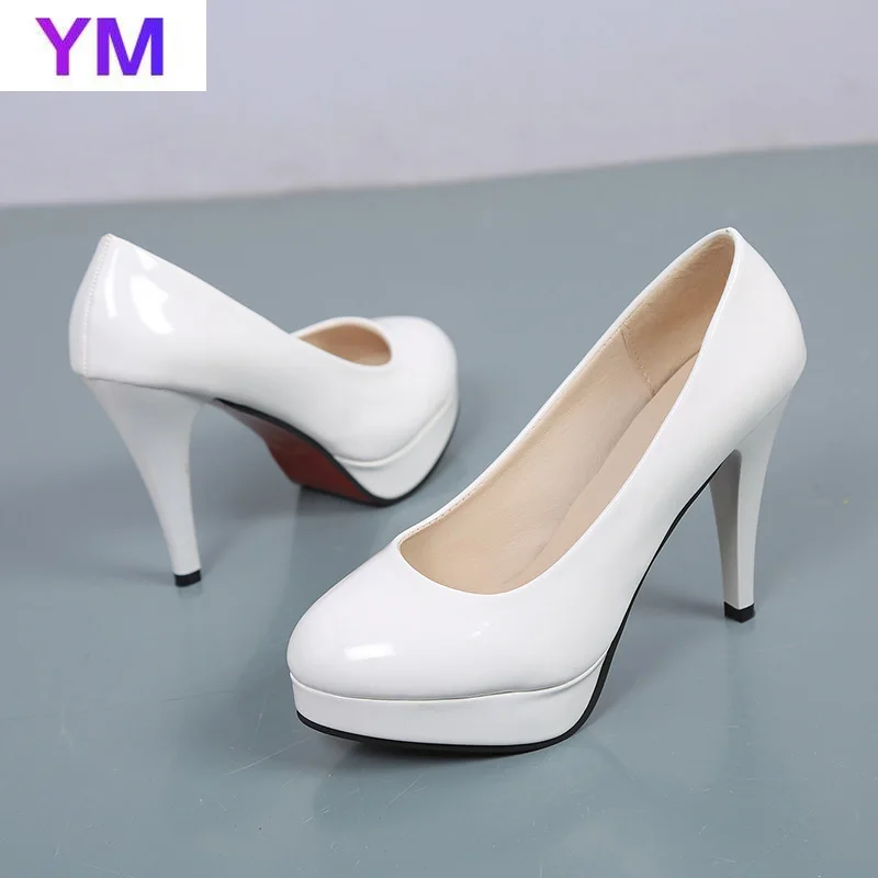 Plus Size 33-43 Women Dress Shoes Round Toe Thin Heeled Pumps Slip-On High Heels Patent Leather Wedding Ladies Zapatos Mujer