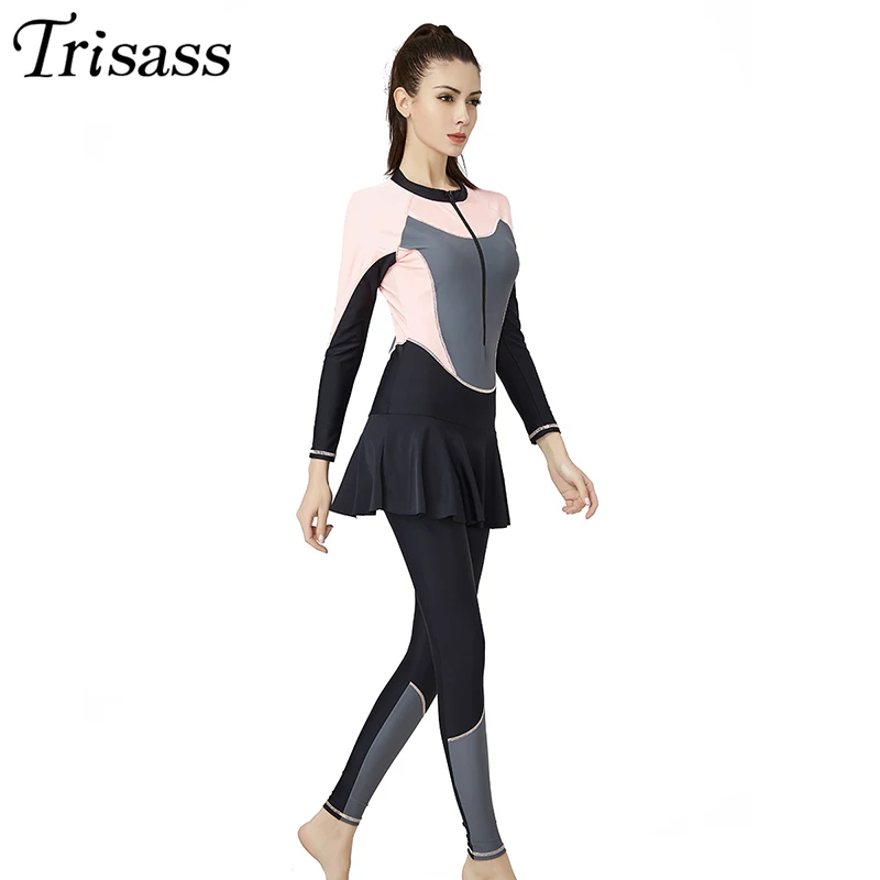 Trisass 2020 New Women One Piece Skirt Swimsuit L-3XL Sport Swimwear Long Sleeve Bodysuit Long Pants Surf suit With Zipper