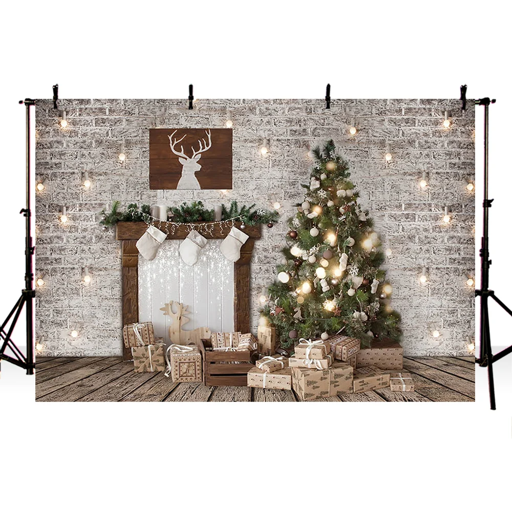 Fondo de fotografía de Navidad para estudio fotográfico, Fondo de pared de ladrillo gris, chimenea, decoración de fiesta familiar