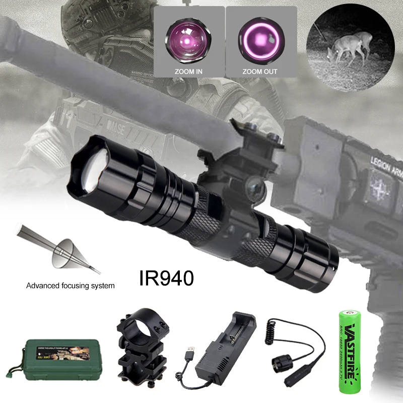 501B LED Infrared Flashlight Zoomable Hunting Torch 940 nm Adjustable IR light Night Vision+18650+Charger+Mount+Switch+Box