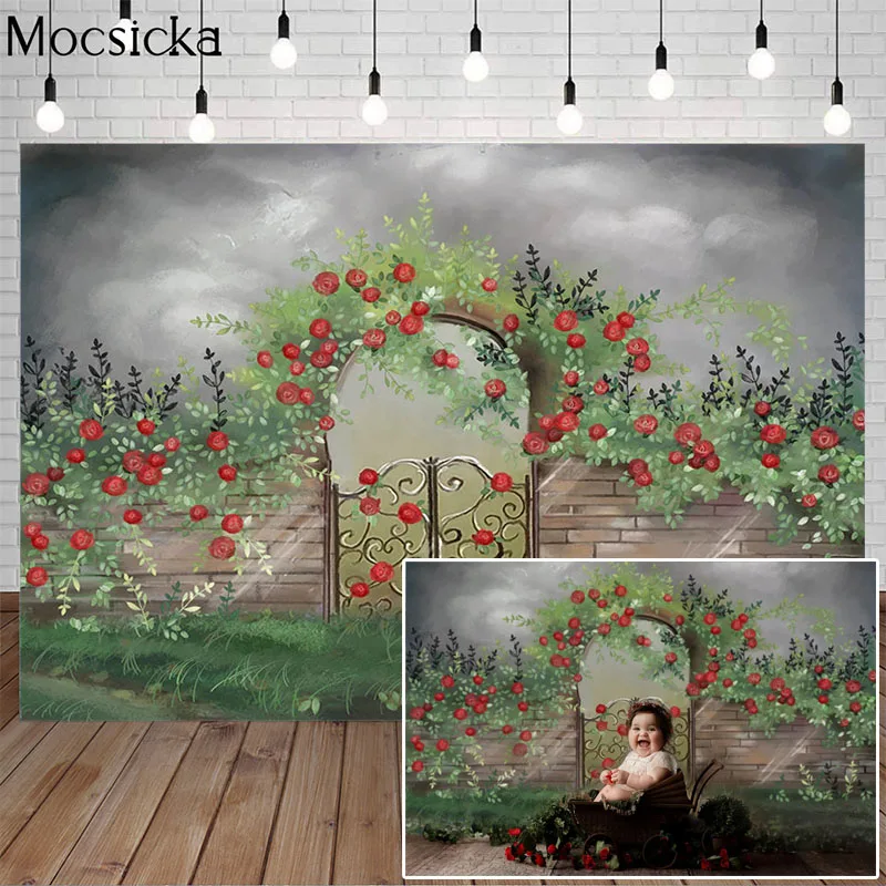 

Spring Rose Oil Painting Abstract Photography Background Brick Wall Grass Child Portrait Backdrop Cake Smash For Photo studio