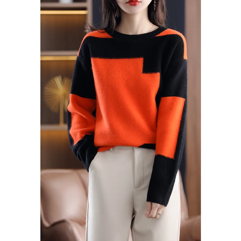 Autumn And Winter New 100% Pure Wool Women\'s Round Neck Pullover Top Loose Fashion Warm And Comfortable Knitted Elegant Sweater