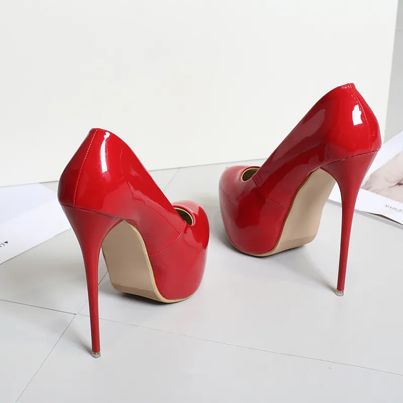 Zapatos de charol para mujer, calzado de boda rojo con punta redonda, tacones superaltos de 16cm, Sexy, con plataforma para fiesta, talla grande