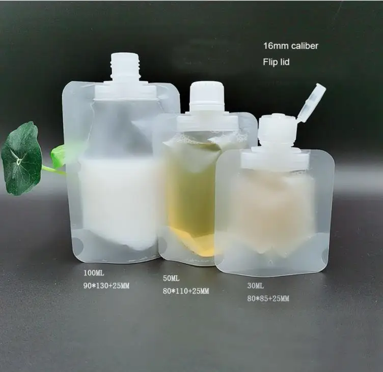 

500pcs Stand Up Plastic Bag Packaging Spout Pouch for Liquid Cream Sample Storage 30ml 50ml 100ml Flip Lid Screw Cap SN597