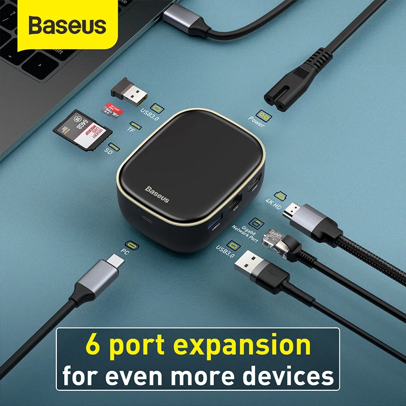 Baseus 6 Ports Type-C HUB Adapter AC Multifunctional CN EU Charger 2-in-1 Hub 60W High Power Quick Charger for Phone Computer