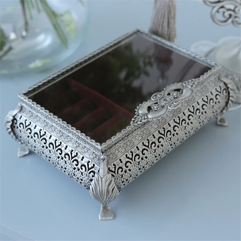 

Retro Storage Box Home Decoration Euro Copper Silver Hollow Ring Jewelry Storage Drawers Dressing Table Organizer Ornaments