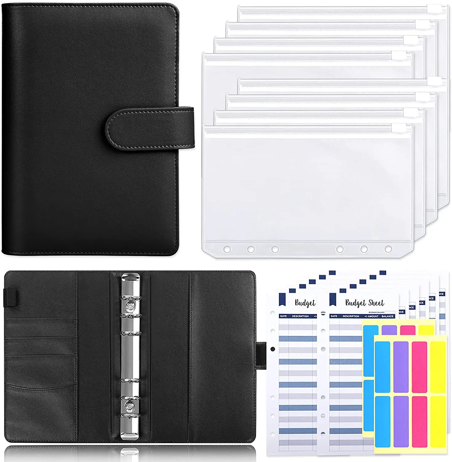 A6 PU Leather Budget Binder with 8PCS Binder Pockets,12PCS Expense Budget Sheets,6 Ring Binder Budget Envelopes with Labels