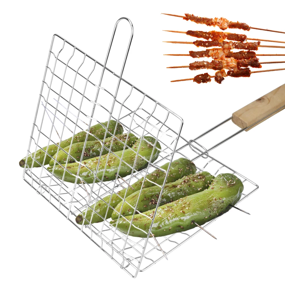 Barbecue Grilling Reusable Meat Fish Clip Holder Wooden Handle Stainless Steel Grill Mesh Foldable BBQ Grill Mat Grilling Basket