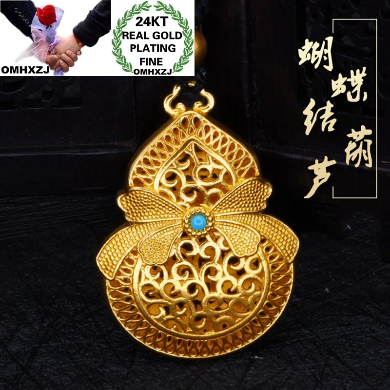 OMHXZJ Wholesale CA444 European Fashion Hot Fine Woman Party Birthday Wedding Gift Hollowed Bow Calabash 24KT Gold Pendant Charm