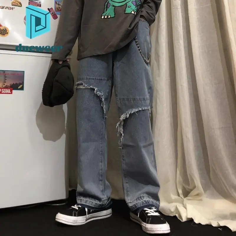 

DUEWEER Mens Straight Jeans Spring Autumn Ripped Holes Trousers Hip Hop Baggy Large Size Casual Wide Leg Goth Denim Pants
