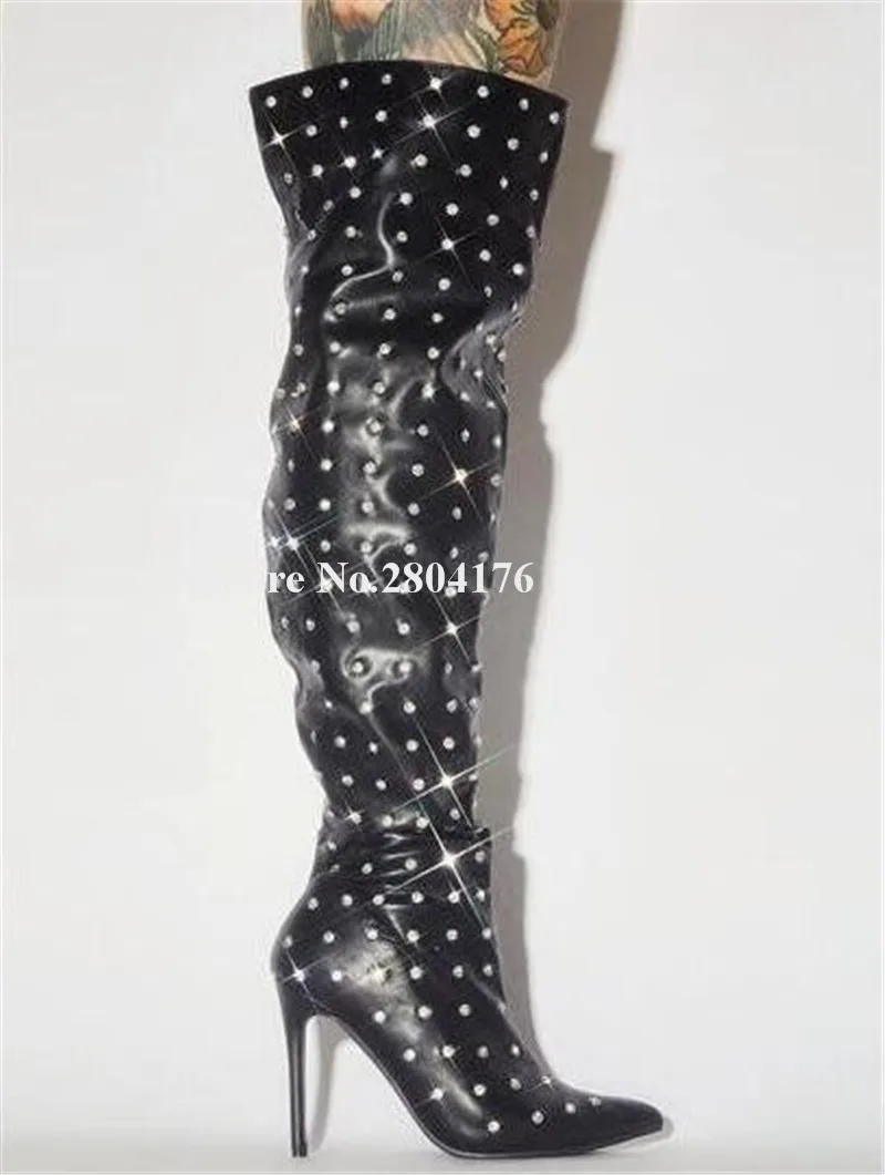 

Women Bling Bling Pointed Toe Over Knee Stiletto Heel Rhinestone Boots Black Leather Charming Beading Long High Heel Boots