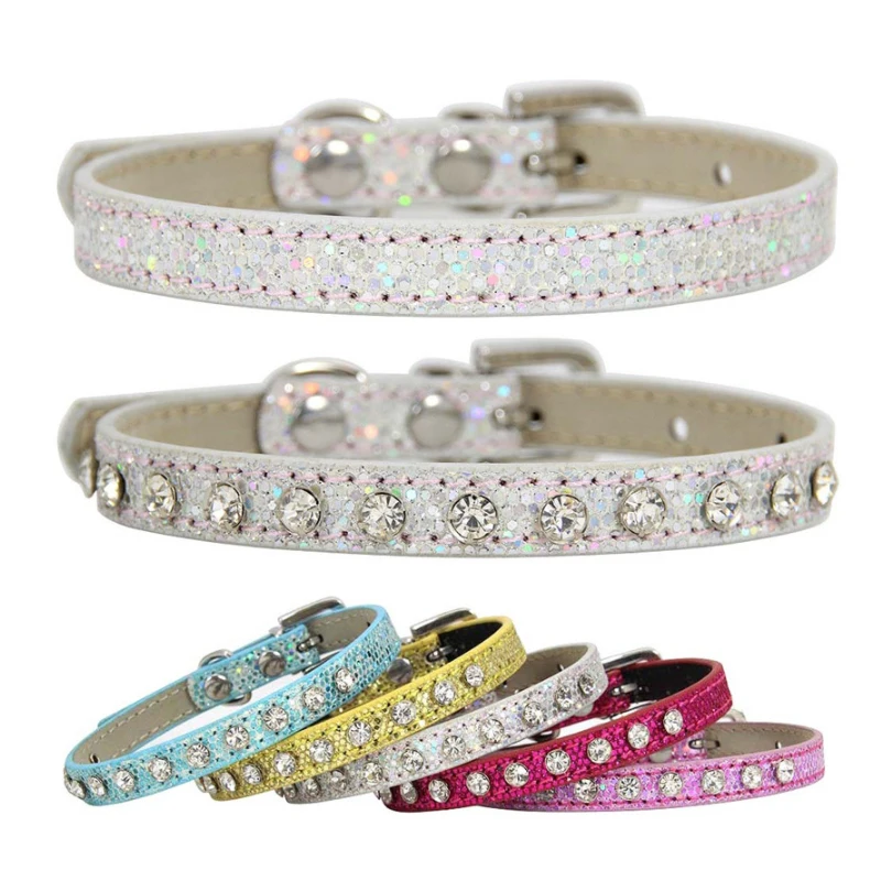 PU Shining Diamond Rhinestone Cat Collar Leather Puppy Dog Collars Cute Fashion Dog Collar Strap Kitten Accessories Pet Products