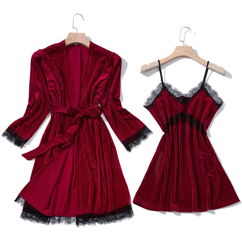 

Shetelisi New Arrivals Women Lace Velvet Robe & Nightgown Set Autumn & Winter 1 Sexy Nightgown and 1 Lace Bathrobe sp0144