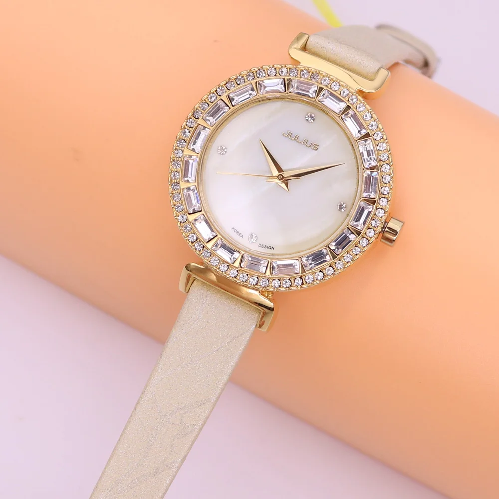 Top Julius – montre en cuir véritable pour femmes, montre-Bracelet avec perles et strass, mode, cadeau d'anniversaire pour filles, sans boîte