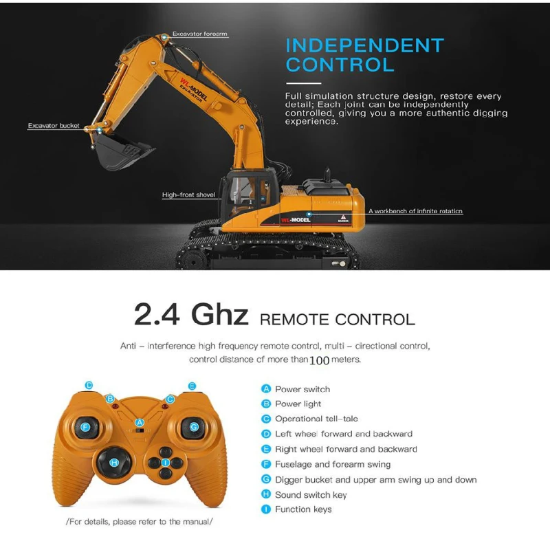 Duża 68CM 23CH koparka ze stopu zdalnego sterowania koparka Model ciężarówki 1:16 2.4G 50min nieograniczona rotacja Smoil Sond Light zdalnie