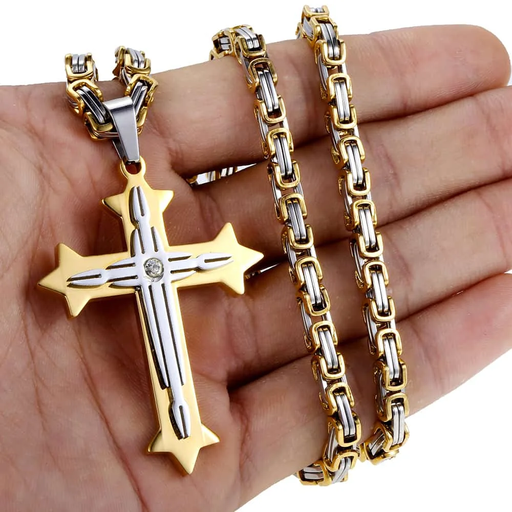 Cross Pendant Necklaces for Men Stainless Steel Gold Color Black Silver color Byzantine Chain Necklace Hip Hop Male Jewelry Gift