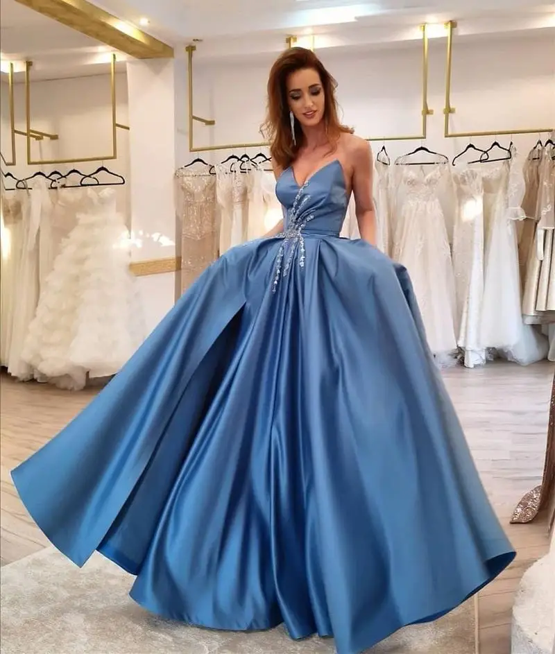 Gaun Malam Biru Sweetheart Seksi dengan Gaun Prom Panjang Split Sisi Tinggi Bermanik A Line Satin Bride Vestidos De Novia Ukuran Plus