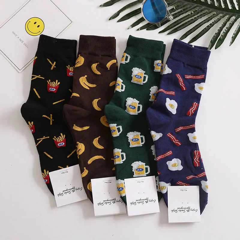 Harajuku glückliche Socken Männer lustige Cartoon Obst Avocado Banane Burger Pommes Bier Keks gebratenes Huhn Essen Socken Skateboard Socken