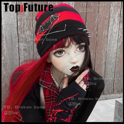 Harajuku Punk Bat Rivet Chain Black Red Striped Casual Beanies Hats For Women Girls Winter Warm Knitted Hip Hop Cap Streetwear