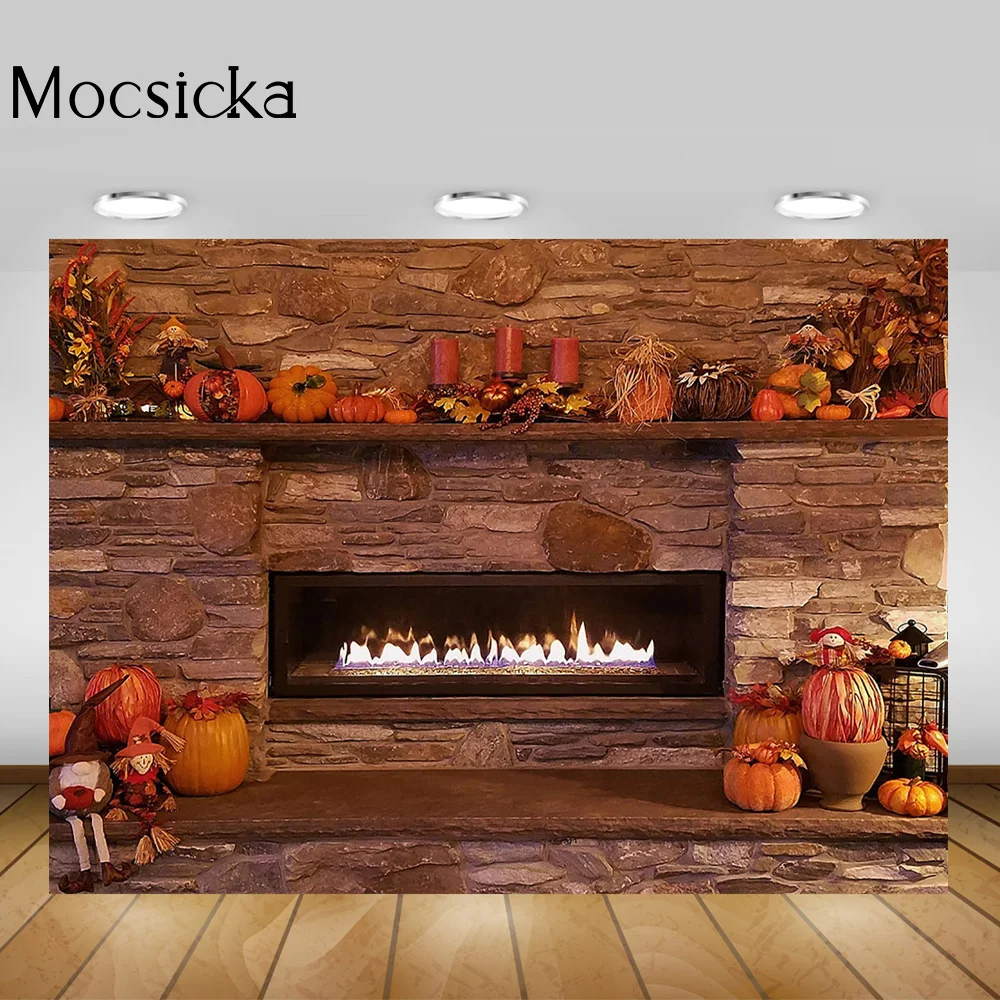 Retro Brick Fireplace Backdrop Photo Shoot Pumpkin Candle Christmas Portait Background Halloween Party Banner Decorations Props