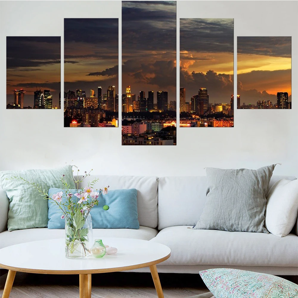 

5 Pieces Wall Art Canvas Painting Red Sunset City Landscape Poster Modern Home Decoration Pictures Living Room Modular