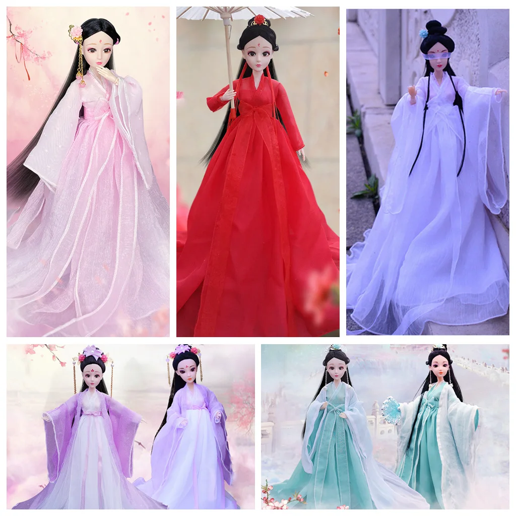 

1/6 Scale 30cm Ancient Costume Hanfu Dress Long Hair Fairy Princess Barbi Doll Joints Body Model Toy Gift For Girl C1242D