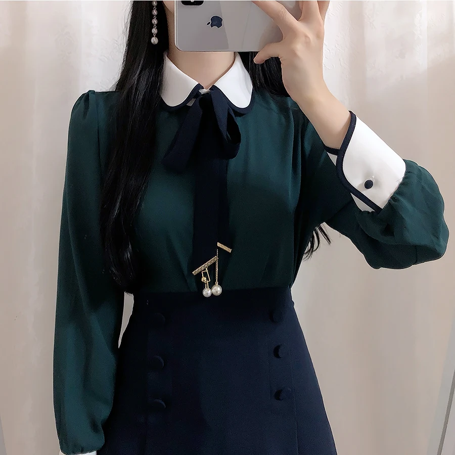 2022 Spring Summer Cute Bow Tie Tops Women Long Sleeve Korea Japanese Preppy Style Formal White Button Shirts Blouse 1221