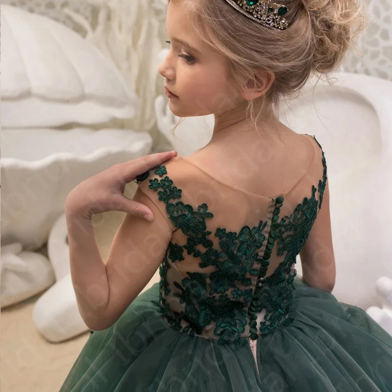 Robes à fleurs vert foncé pour filles, ravissantes robes de fête en dentelle avec des appliques, à manches cape et col en bijou, nouvelle collection 2021