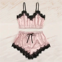 Ensemble pyjama en dentelle pour femmes, vêtement de nuit sexy, col en v, lingerie courte