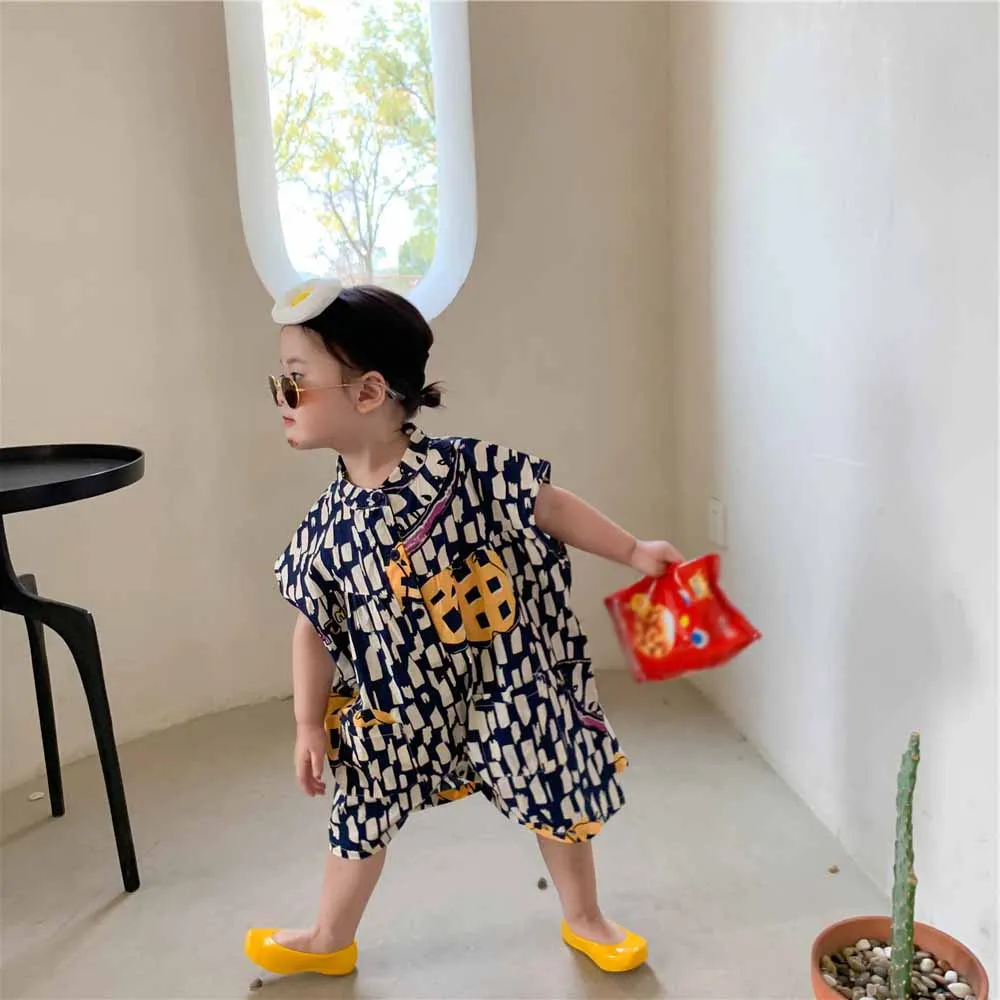 Combinaison à carreaux pour enfants, tenues de style d\'été, shorts de dessin animé pour garçons et filles, pantalons pour tout-petits, barboteuses