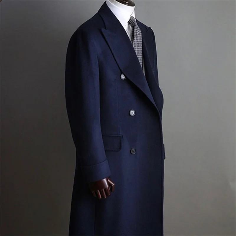 Formal Navy Men Suits Thick Wool Custom Made Men Jacket Double Breasted Tuxedos Peaked Lapel Blazer Business Long Coat