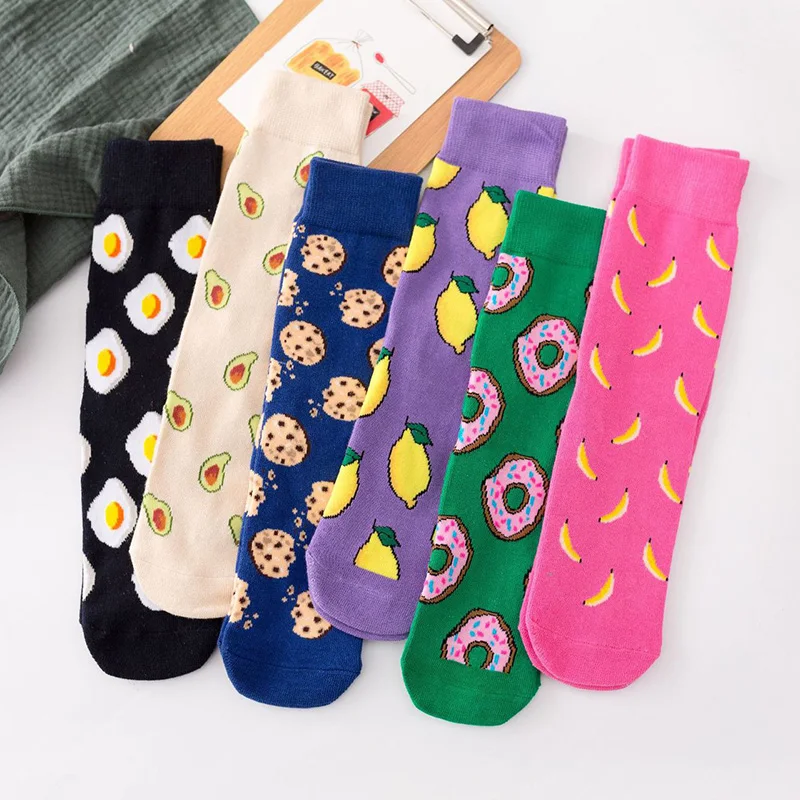 Women Socks Funny Cute Cartoon Fruits Banana Avocado Lemon Egg Cookie Donuts Food Happy Japanese Harajuku skateboard  Socks