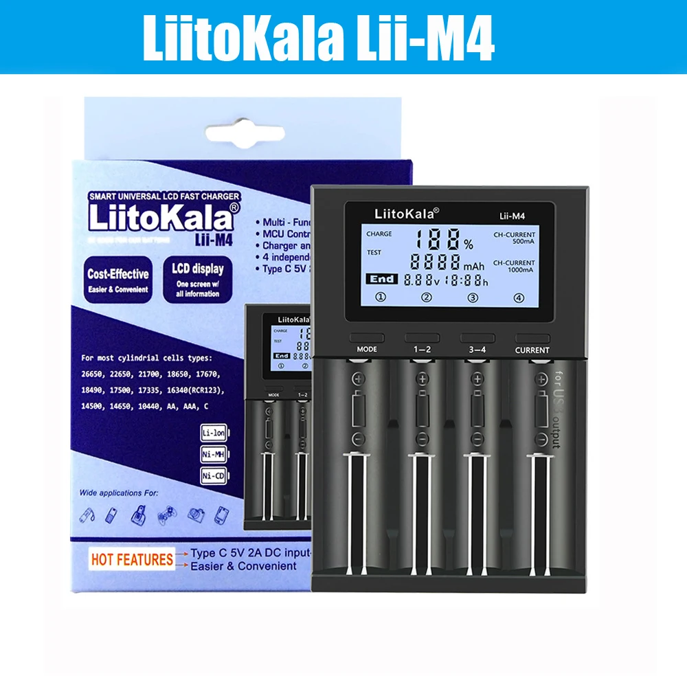 LiitoKala Lii-M4 lii-S8 Lii-PD4 lii-500S lii-500 lii-600 3.7V 18650 18350 21700 20700 26650 Carregador de bateria de lítio 1.2V