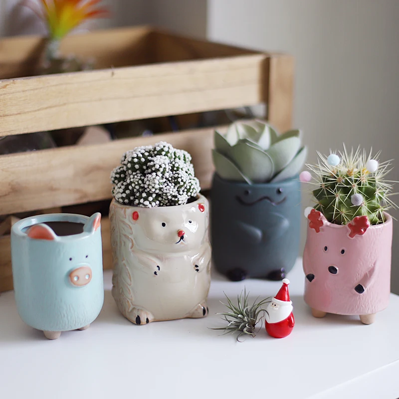 

Cute Flower Pots Cartoon Animal Ceramic Pots Garden Accessories Maceteros Decorativos Kawaii Pig Hedgehog Flowerpot Succulent