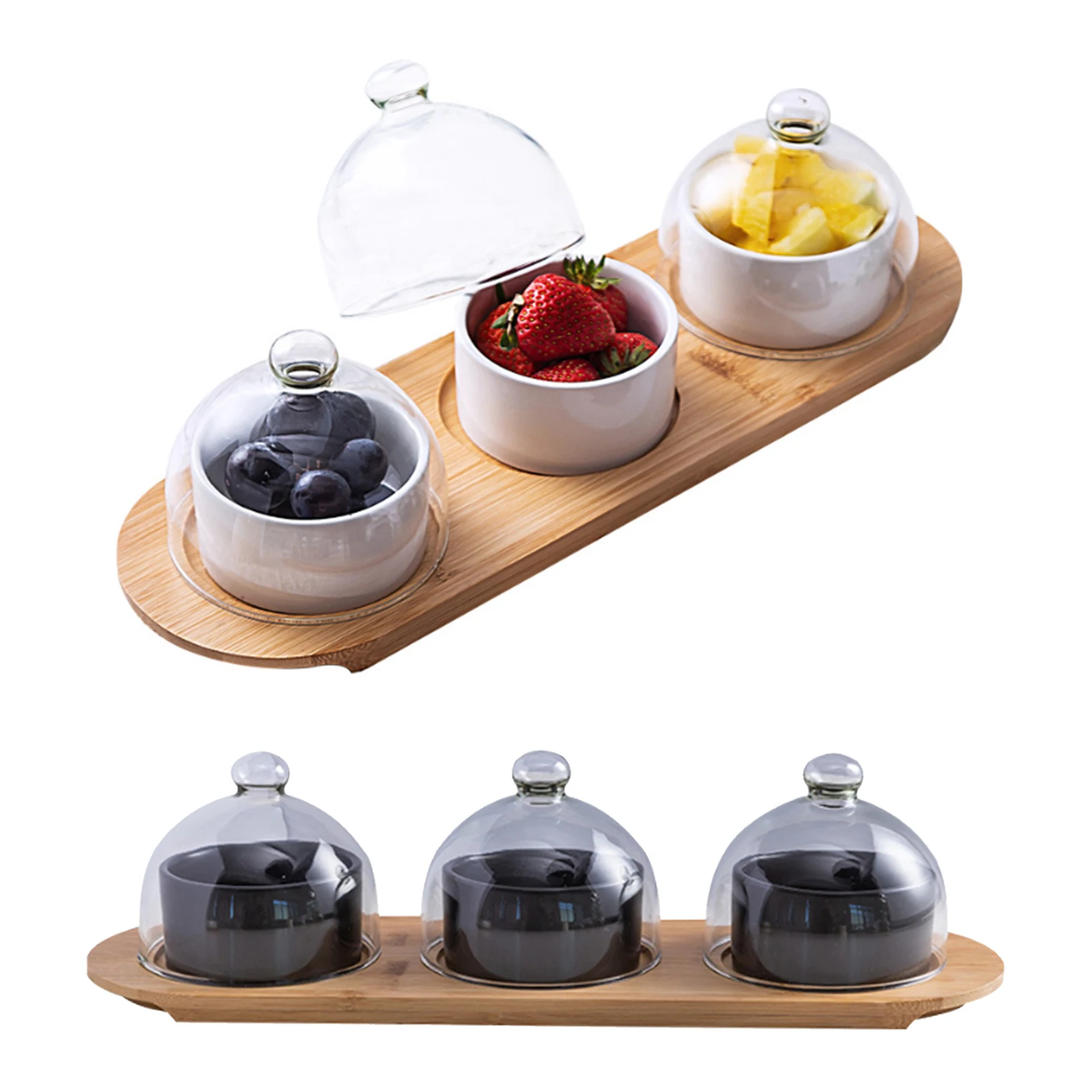 

Ceramic Baking Cake Mold Hygienic Healthy Bowl Set Decor With Glass Lid Wooden Tray For Dim Sum Dessert Fruit Holder