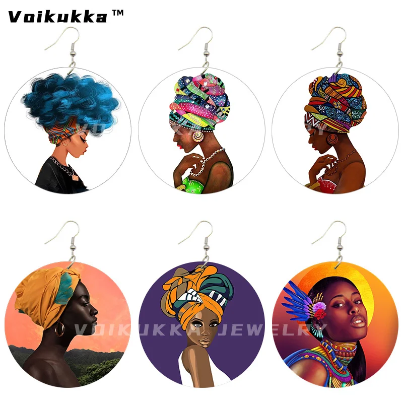 Voikukka-pendientes colgantes de madera con estampado a ambos lados para mujer africana, joyería circular de 6 CM, arte de pelo azul, pintura de niña Afro